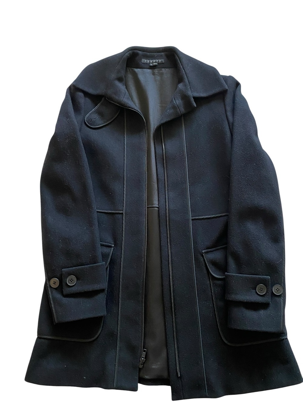 Theory Black Wool Pea Coat with Button Cuff Details